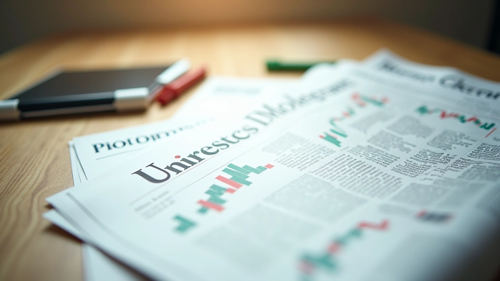 Close-up of financial newspaper headlines with red and green market indicators highlighted