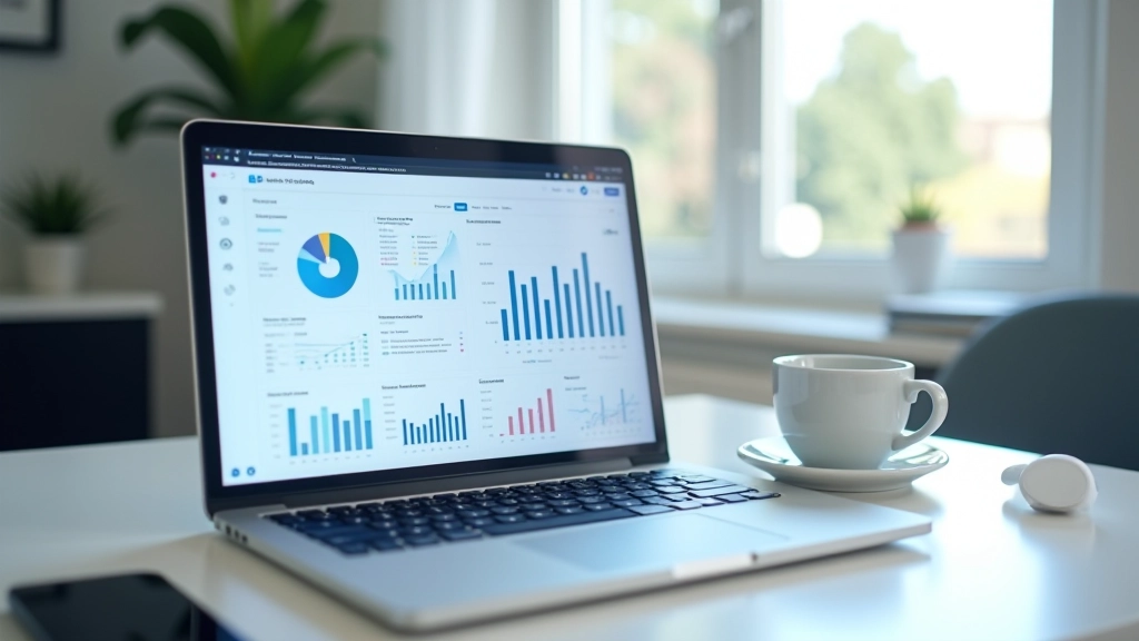Laptop screen showing AI analysis interface with sentiment score gauge and natural language processing visualization
