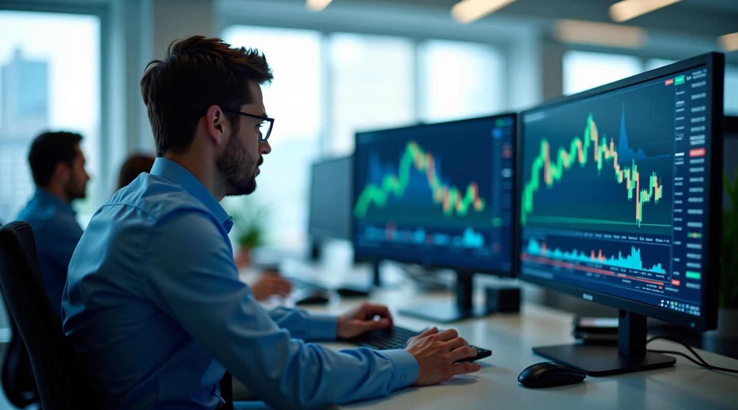 Trading terminal displaying market data with price charts and sentiment indicators on multiple screens