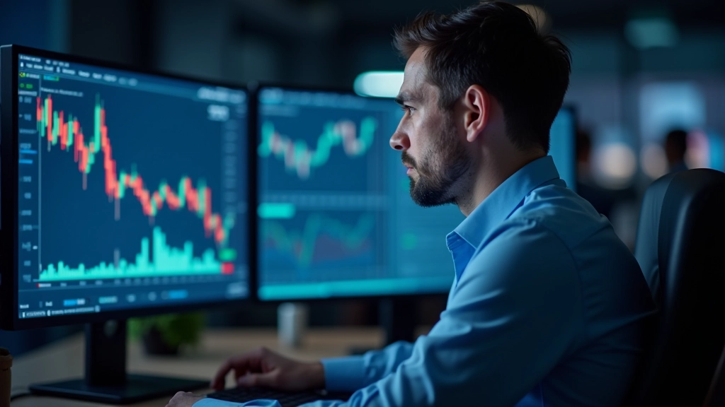 Trader analyzing market data with candlestick charts and trend lines on professional trading platform