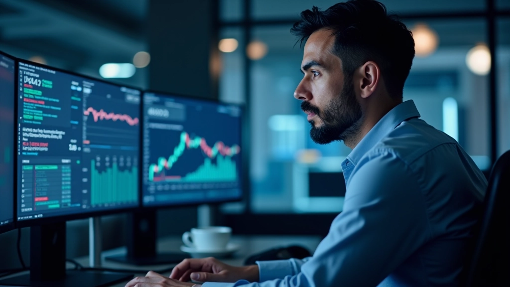 Trader analyzing sentiment data on multiple screens with market indicators